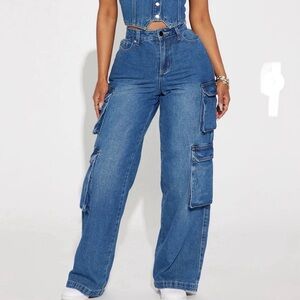 Fashion Nova Blue Flare Cargo Jeans